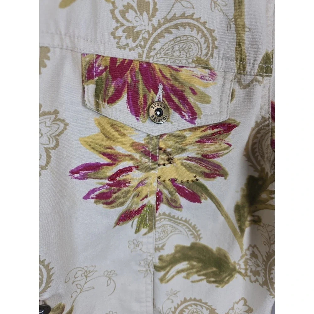 Susan Bristol Women M Vintage Beige Floral Cotton Jacket Cottagecore Grandmacore